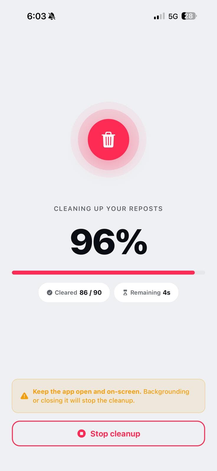 Bulk repost removal running with a progress indicator